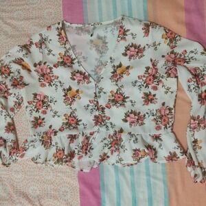 White Long-Sleeve Blouse with Orange Floral Print and Green Leaves